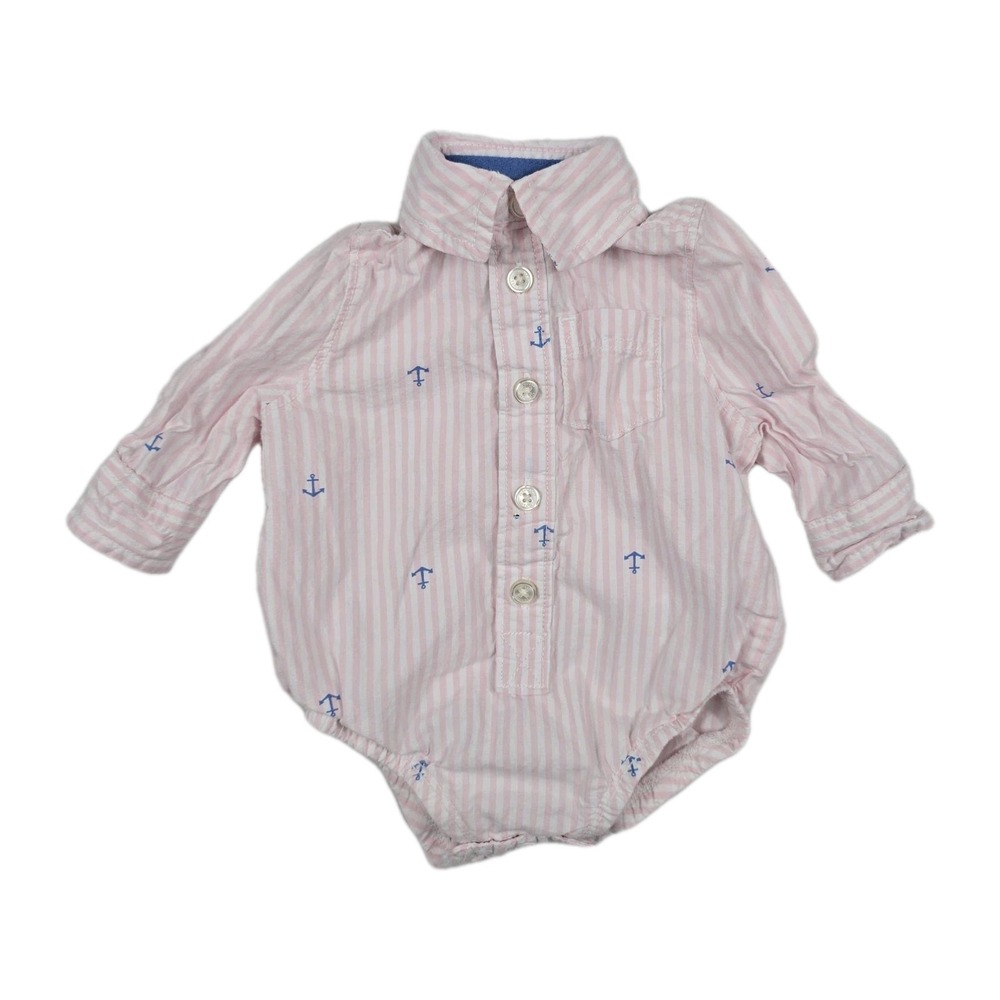OshKosh Bgosh Baby Boy Pink White Striped Anchor Bodysuit 3M Long Sleeve Shirt